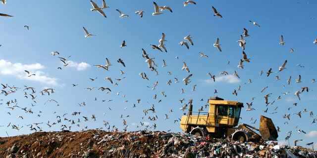 Photo of backhoe flattening landfill garbage